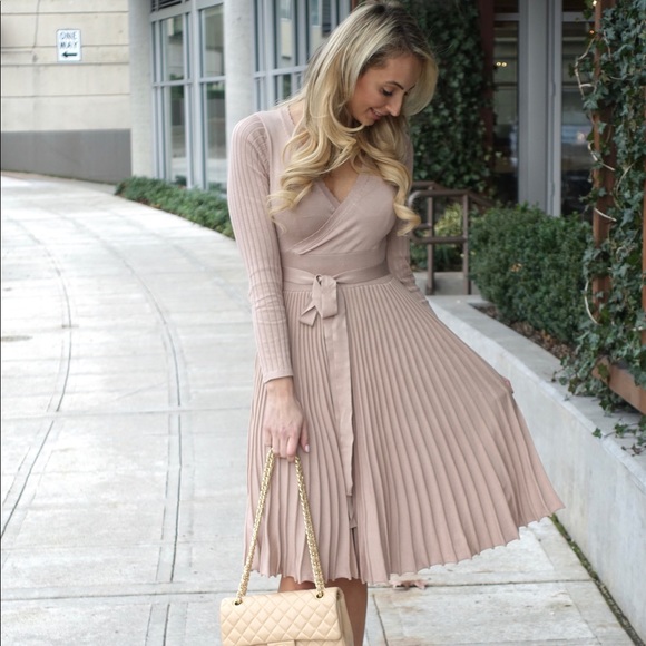 LAST ONE!! Elegant Pleated Midi Nude  Style Dress - Picture 8 of 8